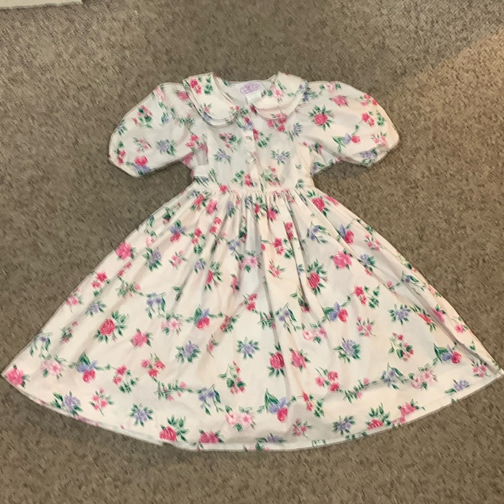 Vtg Plum pudding Ltd cream floral Peter Pan button up front puff sleeve dress 12
